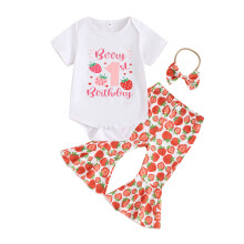 (6-12 Months, White) Ensembles d'anniversaire pour bébés filles : barboteuse imprimée, pantalon fraise et bandeau.