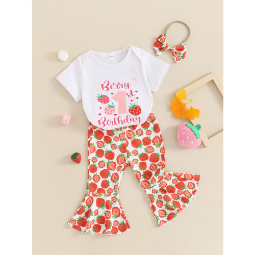 (12-18 Months, White) Σετ ρούχων γενεθλίων παντελόνια φράουλα. 2