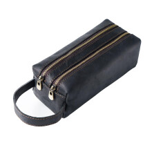 Leather Pencil Case Organizer with Dual Zipper, Black Cowhide Pen Holder for Office and School
