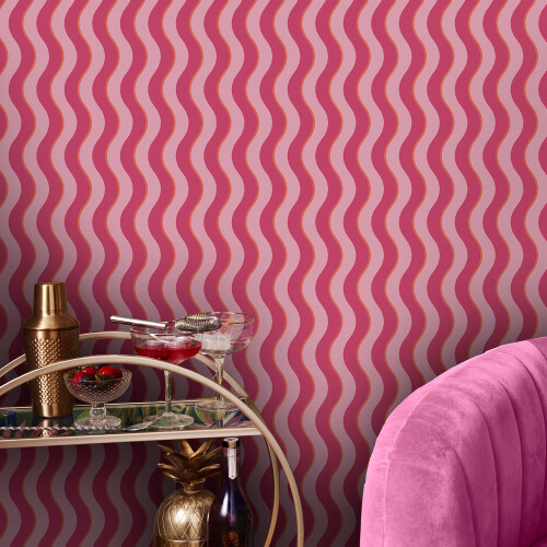 ENVY Envy Making Waves Raspberry & Tangerine Pink Stripe Wallpaper 1