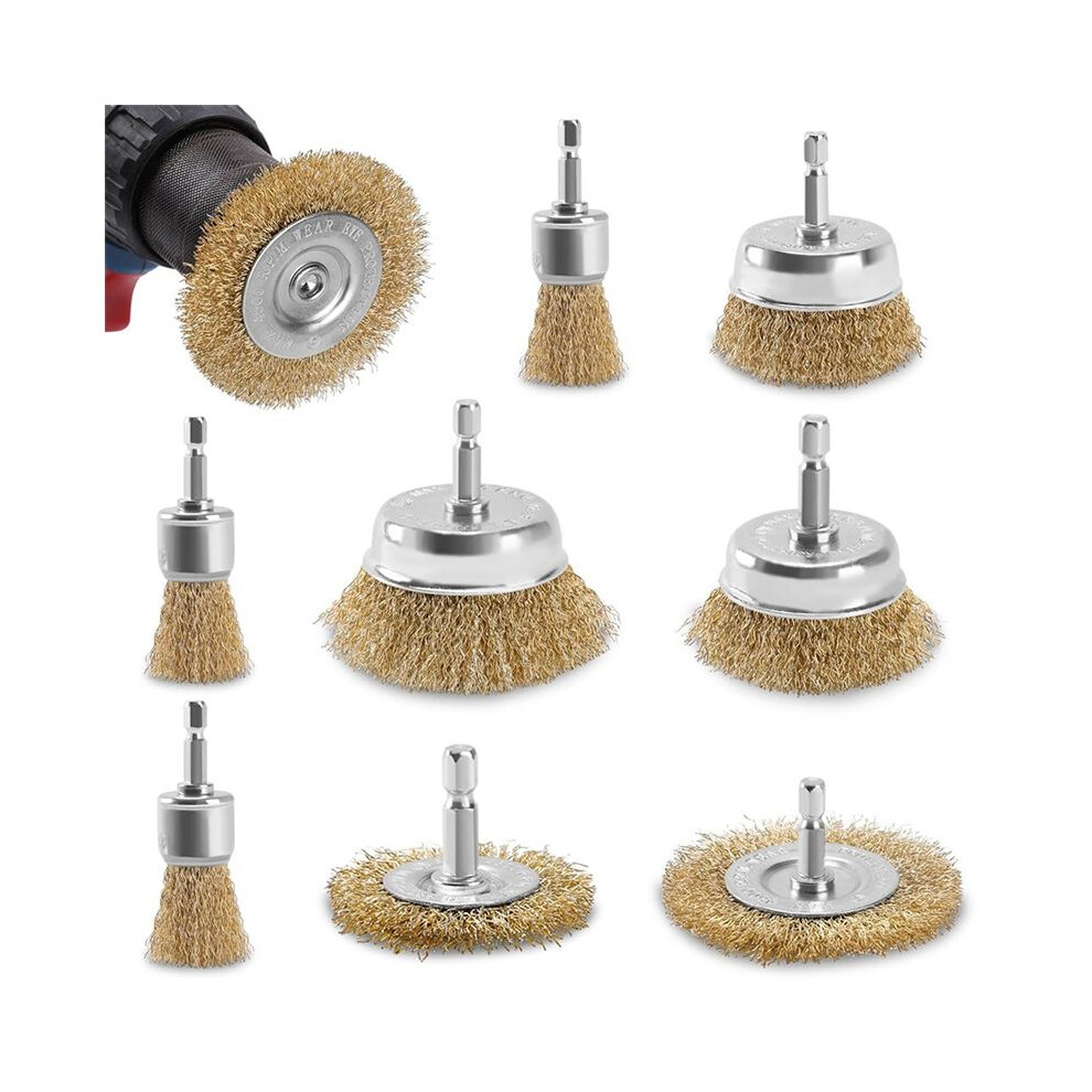 Wire Wheel Cup Brush For Drill, 9 Pack Carbon Steel Bristles Wire Brush Set Coarse Crimped Abrasive Brass Coated Brushes 4714260029669