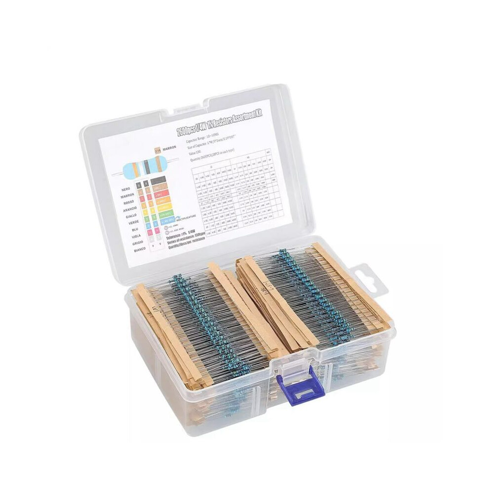 2600Pcs 130 Values Resistors Assortment Kit 1 Ohm- Ohm 0.25W 1/4W Metal Film Resistor Kit For Electronic Circuit Diy 6034189231485