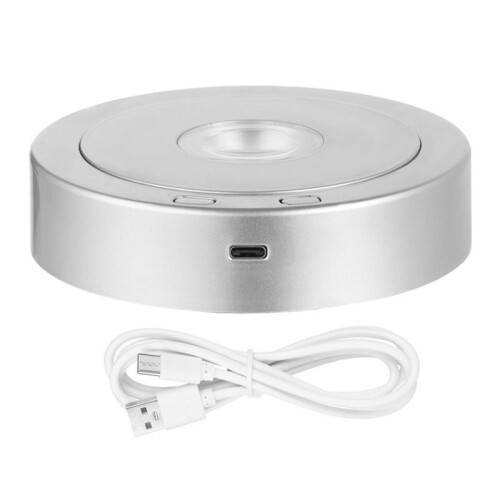 Round Stand Led Rotating Display Stand Base for Crystals Lighted Base 8 Light Modes Display Pedestals(Silver)