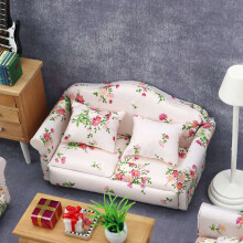 1/12 Scale Dollhouse Sofa with Two Pillows Miniature Two- Sofa Model for Furniture DollHouse Bedroom Home Decoration
