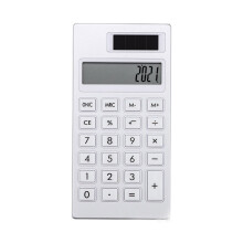 Calculatrice blanche élégante avec batterie solaire hybride, écran LCD 12 chiffres et conception légère pour les besoins de calcul quotidiens.