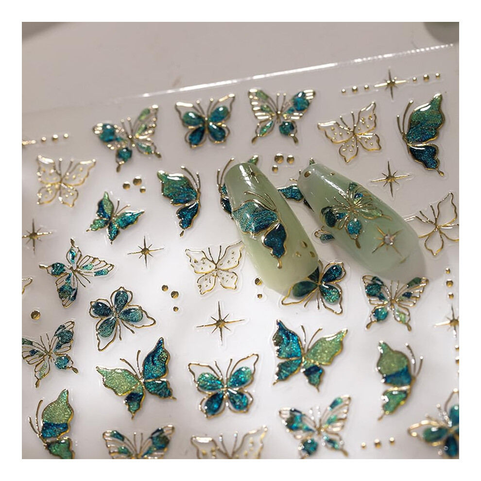 5D Embossed Butterfly Nail Stickers Green with Gold Edge, SelfAdhesive Decals for Women Manicure