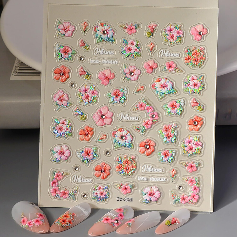 Pink Nail Art Stickers 5D Embossed Hibiscus Selfadhesive 3D Floral Decals For Diy Manicure
