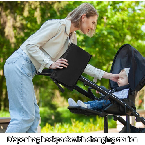 Diaper Bag Backpack with Foldable Changing Station, Large Capacity, Stroller Hooks, Waterproof Black 1