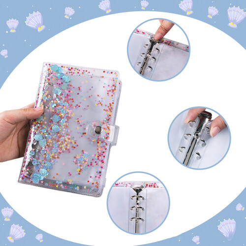 A6 Budget Binder with Sequin Cover, 8 Zipper Pockets, Blue Shell
