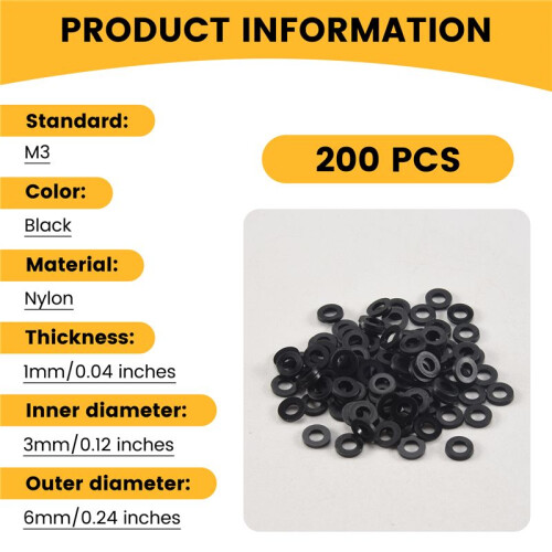 M3 x 6mm x 1mm Nylon Flat Insulating Washers Gaskets Spacers Black 200PCS 1