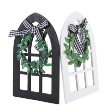 2Pcs Wooden Farmhouse Window Tiered Tray Decoration Plaid Rustic Farmhouse Decor Cathedral Arch Window Shelf Photo Prop