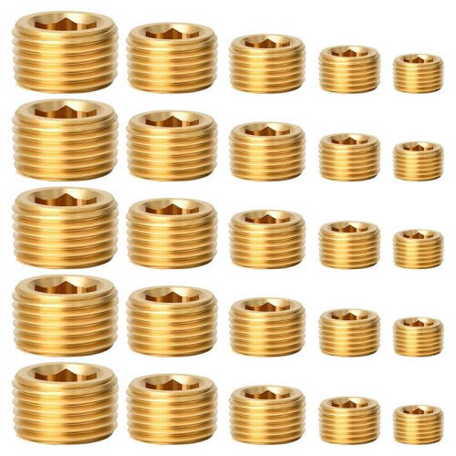 25Pcs Brass Pipe Plug Fitting,1/8 1/4 3/8 1/2 3/4Inch Male Internal Hex Thread Socket Pipe Plug Fitting Assortment Kit,C