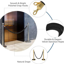 2 Pack Velvet Stanchion Rope with Gold Hooks, Crowd Control Rope Safety Barrier Red Carpet Decoration, 5 Feet Black