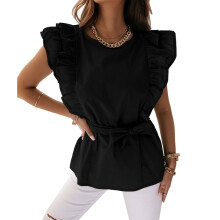 Women Ruffle Sleeve Top Elegant Crew Neck Lightweight Fabric Tie Waist Blouse Business Casual Versatile Design