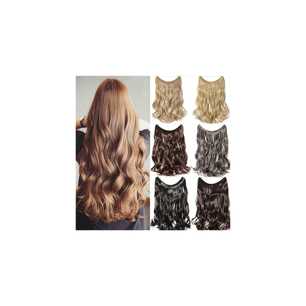 Unisex Dark/Golden 24 Inch Blonde Human Hair Halo Extensions, Wavy Invisible Wire Hairpiece For Women