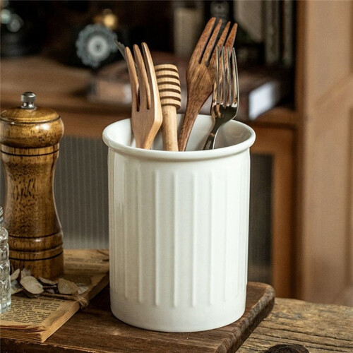 Simple Relief White Chopstick Holder Large Ceramic Kitchen Knife, Fork and Spoon Storage Jar Home Decoration 1