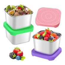 3Pcs 6Oz Stainless Steel Snack Containers, Snack Container with Silicone Lids, Leakproof 304 Steel Snack Lunch Box