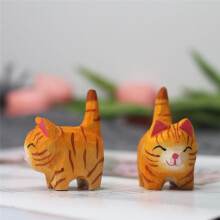 Wooden Cats Figurines Sculpture Statue Lovely Small Carved Orange Cats Statue Handmade Wood Kitten Art Carving Work.