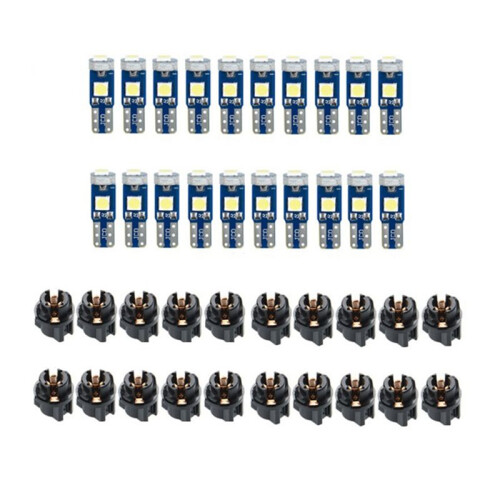 20Pcs T5 LED Lights for Car Dashboard Panel Gauge Indicator, 3030-3SMD Light Replacement with Twist Lock Socket - White