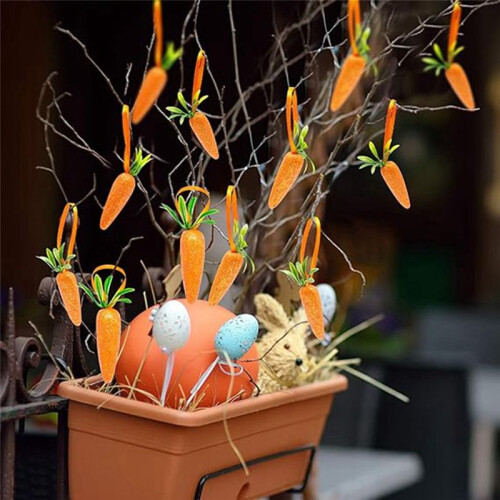 S-Easter Carrot Hanging Ornaments - 12Pcs Premium Foam Glitter Artificial Carrots for Easter Decoration