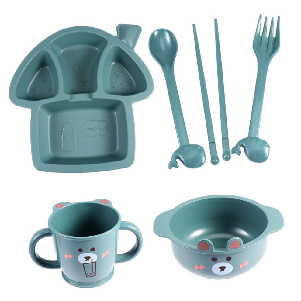 Kids Divided Dinnerware Set With Cartoon Plate Bowl Cup Utensils, Wheat Fiber Children's Tableware Dark