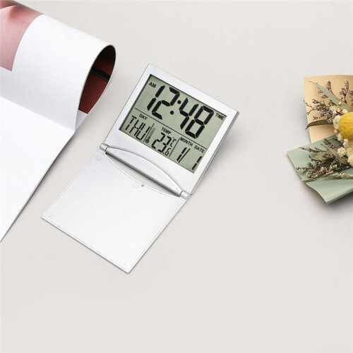 Digital Travel Alarm Clock - Foldable Calendar Temperature Timer LCD Clock Weather Forecast Clock Battery Powered 2
