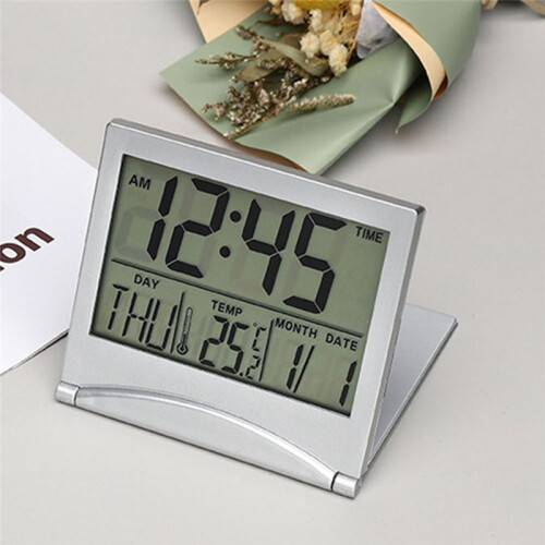 Digital Travel Alarm Clock - Foldable Calendar Temperature Timer LCD Clock Weather Forecast Clock Battery Powered 2