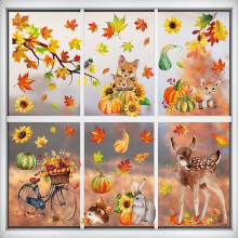 Herbst-Fensteraufkleber, Thanksgiving-Herbsternte-Tier-KüRbisbläTter für PartyzubehöR, Fensterglasdekoration