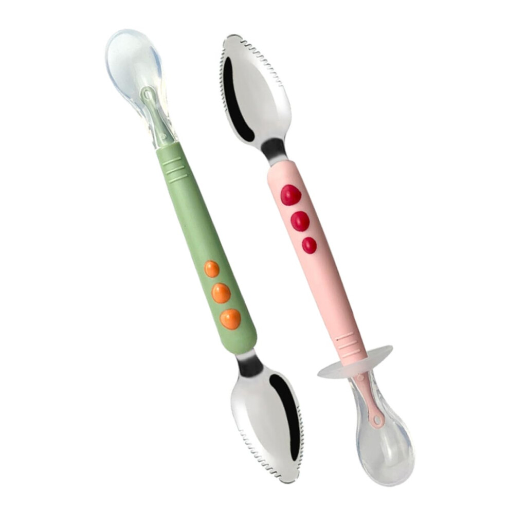2pcs Dual Head Silicone Baby Feeding Spoon with Soft Tip and Ergonomic Grip for Infant Puree