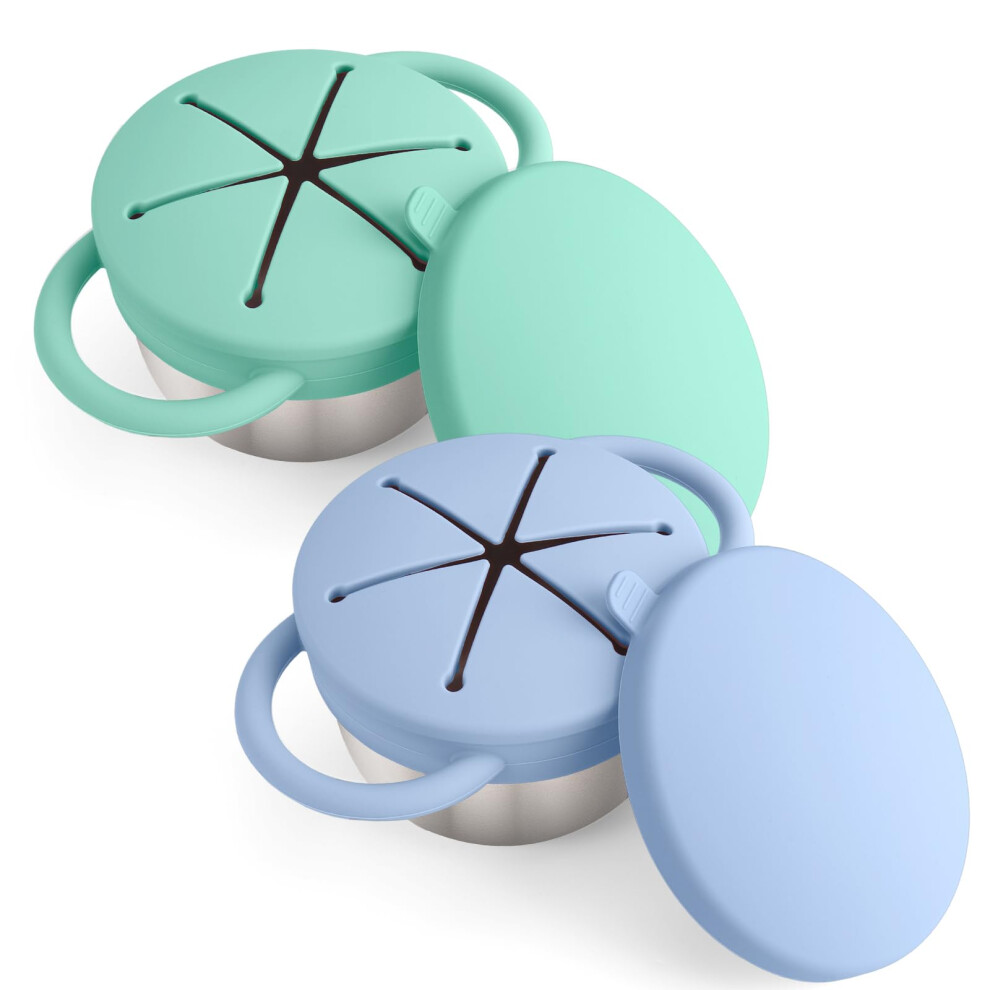 2Pack Stainless Steel Toddler Snack Containers with Handles, NoSpill Petal Lid, Dishwasher Safe