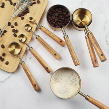 Measuring Cups and Spoons Set of 8, Wood Handle with Metric and US Measurements,Stainless Steel, for Cooking and Baking