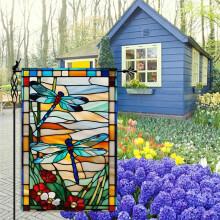 Dragonfly Garden Flag Glass Style Flowers Garden Flag Vertical Double Sided Rustic Farmland Burlap YardOutdoor Decor