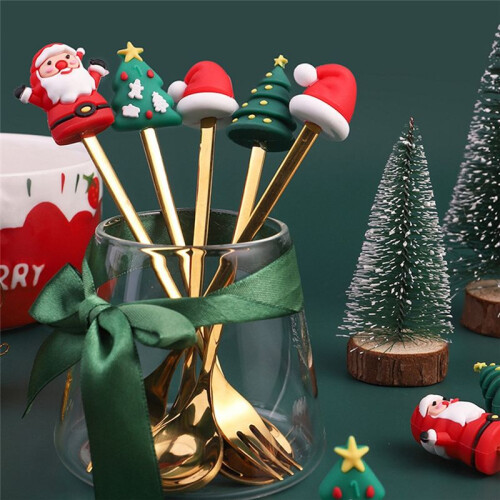 Christmas Set Gift Tableware Spoon & Fork Set Dessert Spoon Fruit Fork Coffee Spoon Tableware Set D 2