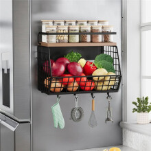 Magnetic Shelf for Fridge with Wood Lid Spice Rack for Refrigerator Fruit Basket with 4 Hooks for Kitchen Organization