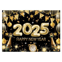 Hintergrund „Frohes Neues Jahr" 2025, Schwarz-Goldener Hintergrund, „Frohes Neues Jahr", 2,08 X 1,50 M, Dekoration für das Neue Jahr, Wanddisplay