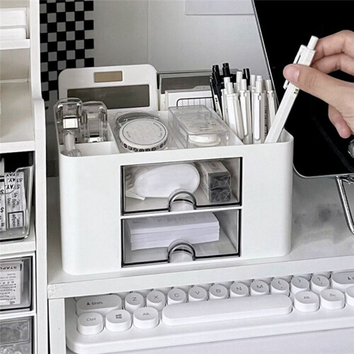 2Pcs +White Simple Transparent Drawer Storage Box Children'S Student Office Desktop Ornaments Pen Holder 2
