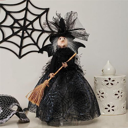 DecoraçãO de Bruxa de Halloween Boneca de Bruxa de 11 Polegadas VéU de Halloween Boneca de Bruxa ChapéU de Bruxa e Vassoura de Bruxa Preta