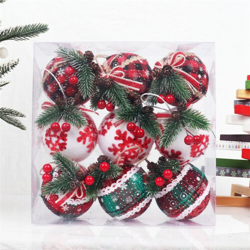 9 PeçAs de Enfeites de Bola de Natal de 3,15 Polegadas com Tecido Xadrez de Natal, Pingentes de Bolas Embrulhadas para DecoraçãO de Natal A