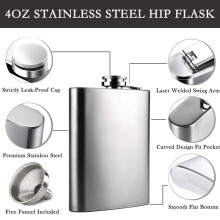 Hip Flask with Funnel, 4 Oz Stainless Steel Whiskey Flask Leak Proof, Portable Pocket Hip Flask for Liquor for Men