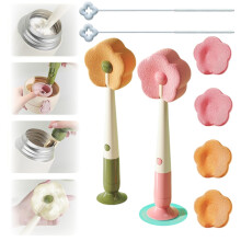 4 in 1 Bottle Cleaning Brush Set with Long Handle, Flower Sponge for Tumblers, Straw and Lid Gaps (Orange Pink)