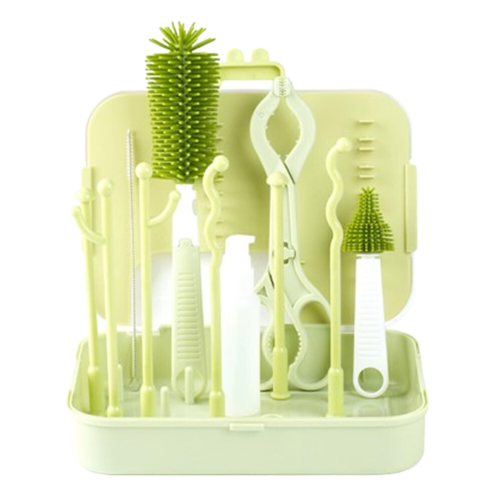 Baby Bottle Cleaning Kit 6 In 1 With Drying Rack, Nipple And Straw Brushes, Bpa Travel Set Green