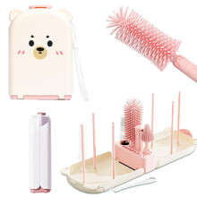 7in1 Baby Bottle Brush Set with Foldable Drying Rack, Travel and Home Cleaning Kit Pink