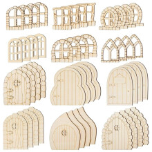 48 Pcs Fairy Door Wooden Garden Doors Window Fairy House Kit Unfinished Miniature Door Unpainted Fairy Window