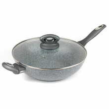 Salter 28cm Grey Marblestone Forged Aluminium Cooking Kitchen Wok with Glass Lid