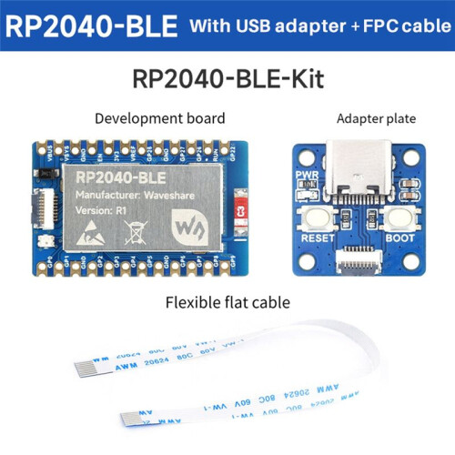 Waveshare RP2040-BLE Microcontroller Development Board+Adapter Board Dual-Mode BT 5.1 FPC 8PIN Port Multi-Function GPIO Pin