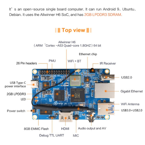 For Orange Pi 3 LTS Development Board 2G8G EMMC with +BT5.0,AllWinner H6 SoC,Open Source Board Computer,Run Android 2