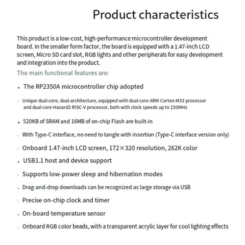 Placa de Desenvolvimento LCD RP2350 de 1,47 Polegadas ARM Cortex-M33 com Contas de Lâmpada RGB 172x320 16 MB Flash LCD-1,47 TIPO-C A 1