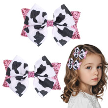 2Pcs Pink Cow Print Hair Bows with Sequins, Cow Hair Bow Clips for Girls Toddlers, Alligator Grip