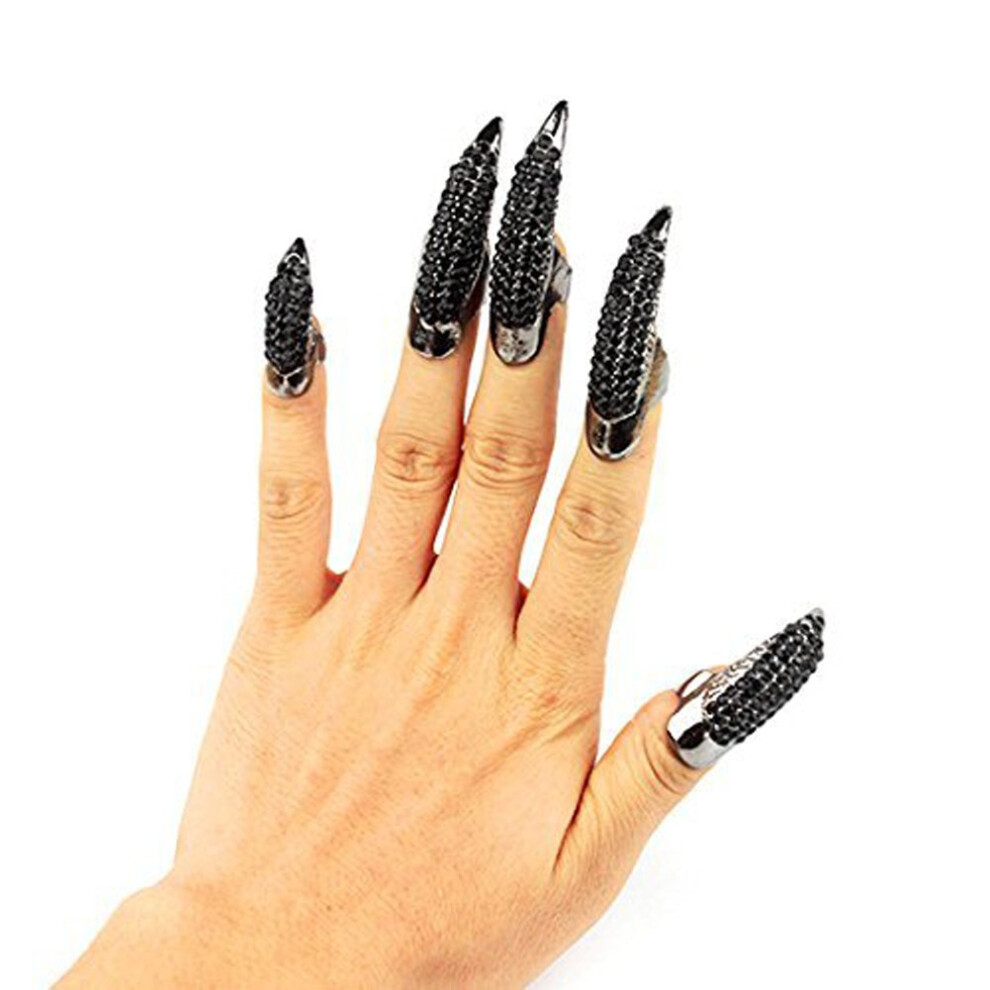 Black 10Pcs Alloy Rhinestone False Nail Claw Rings Set Â Unisex Punk Talon Finger Accessories For Cosplay