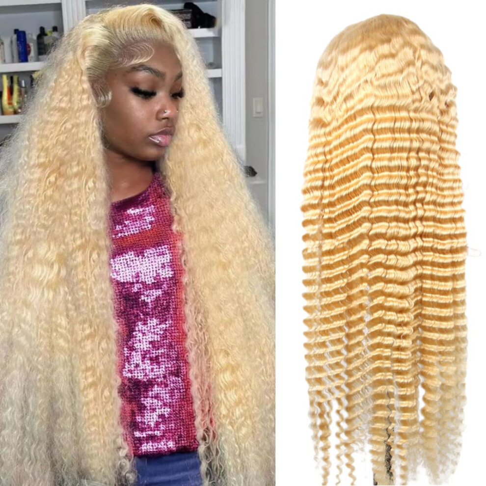 Unisex 32 Inch 613 Blonde Deep Wave Lace Front Wig Human Hair Hd Transparent Preplucked Hairline